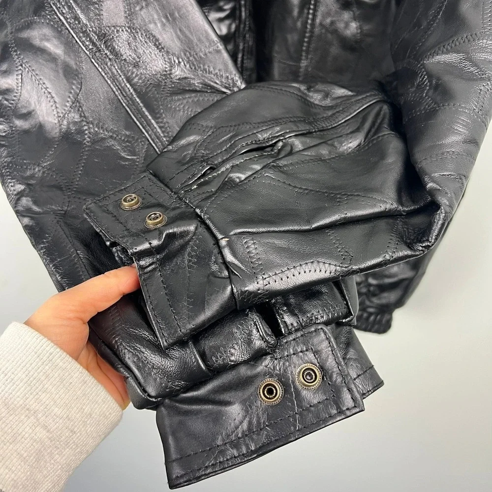 Maxam Mens XL Black Top Grain Lambskin Leather Patchwork Jacket Biker Moto 90s